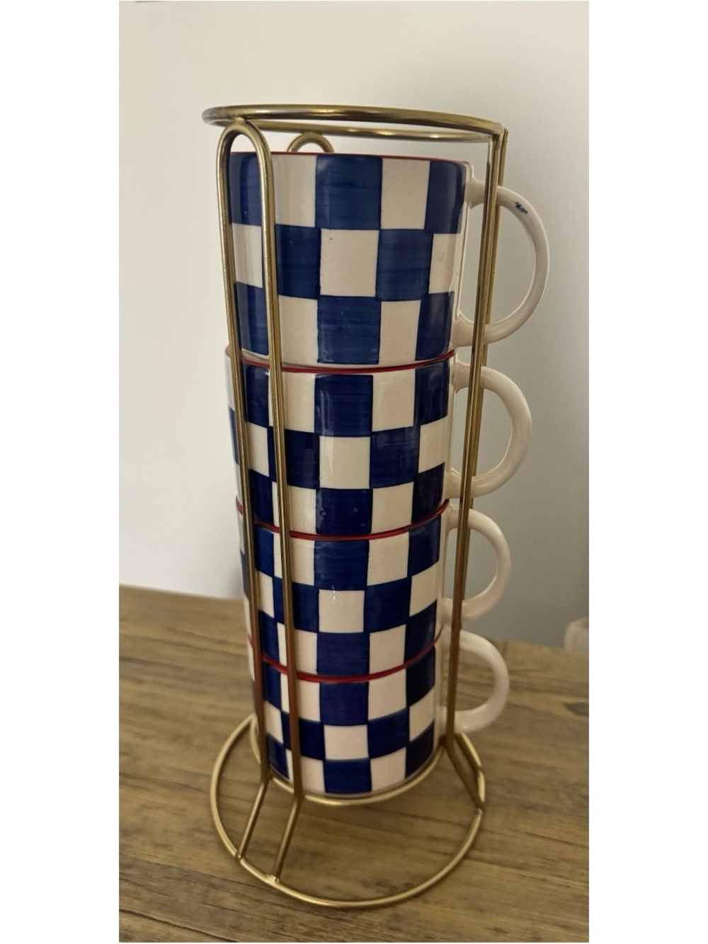 Homegoods Blue Checkered Mug Set with Gold Stand